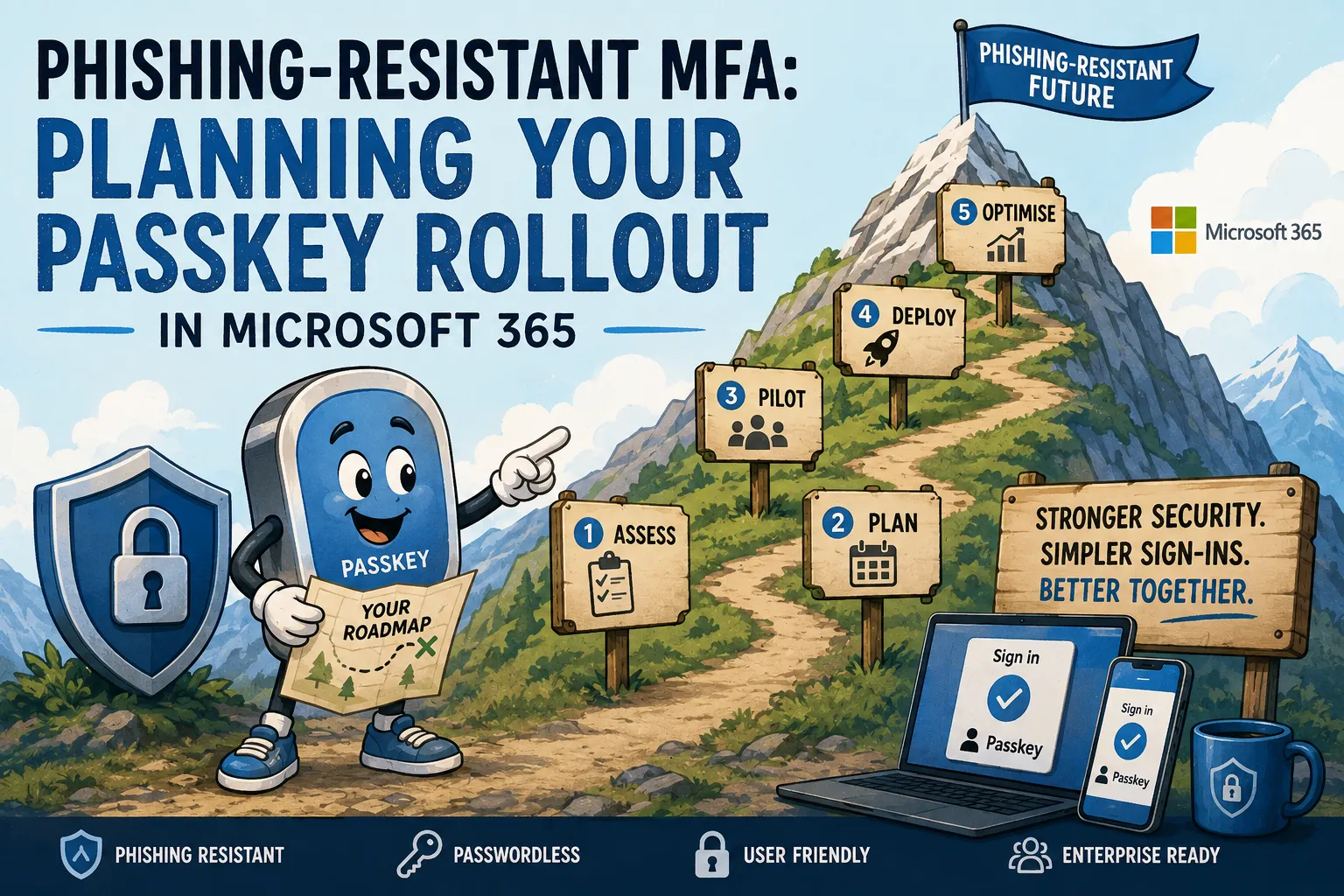 Illustration for “Phishing-Resistant MFA: Planning Your Passkey Rollout in Microsoft 365,” showing a passkey-themed roadmap up a mountain with stages for assess, plan, pilot, deploy and optimise, alongside Microsoft 365 branding and passkey sign-in devices.