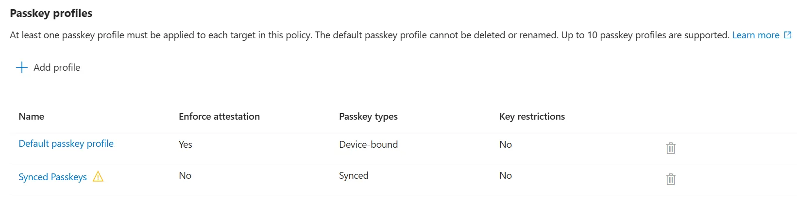 Passkey profiles configuration page in Entra ID.
