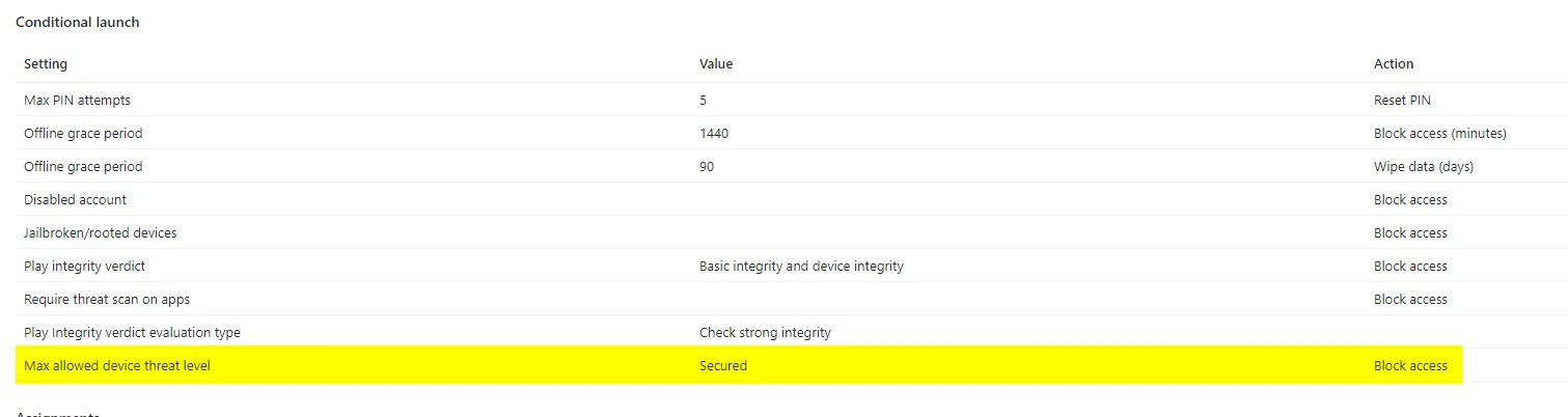Conditional launch settings in an app protection policy