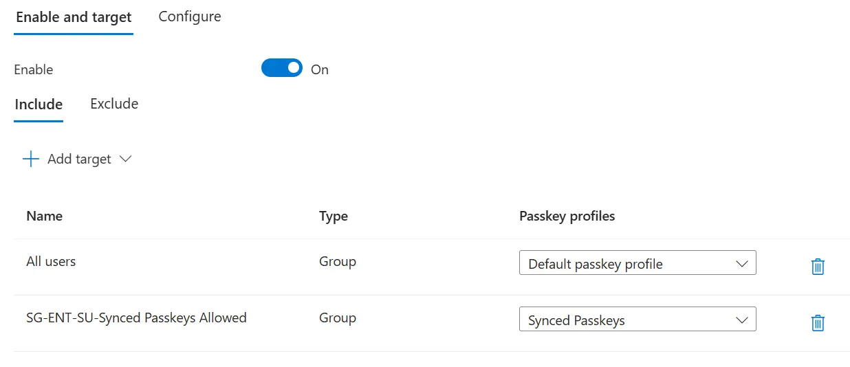 Passkey enablement page in Entra ID, showing passkey profile assignment to separate groups of users.