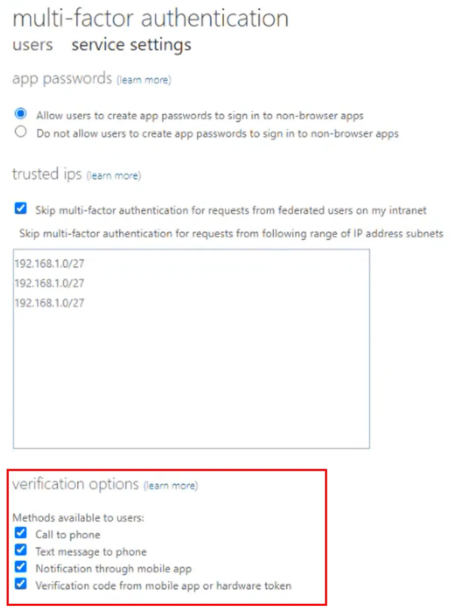 Legacy verification options (MFA)