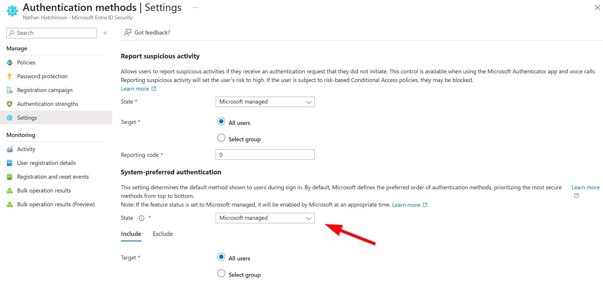 System-preferred settings in Entra ID.