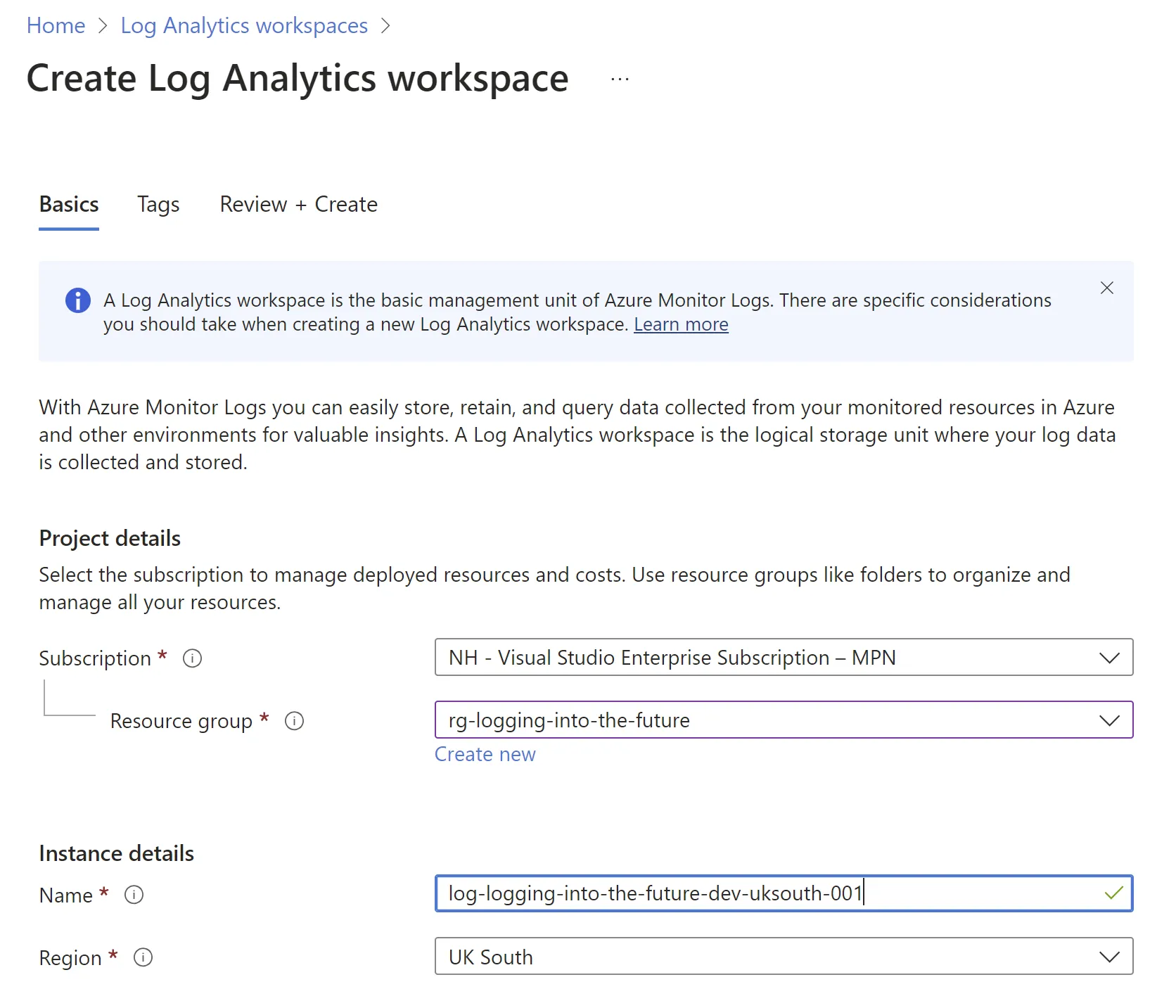 Creating a log analytics workspace