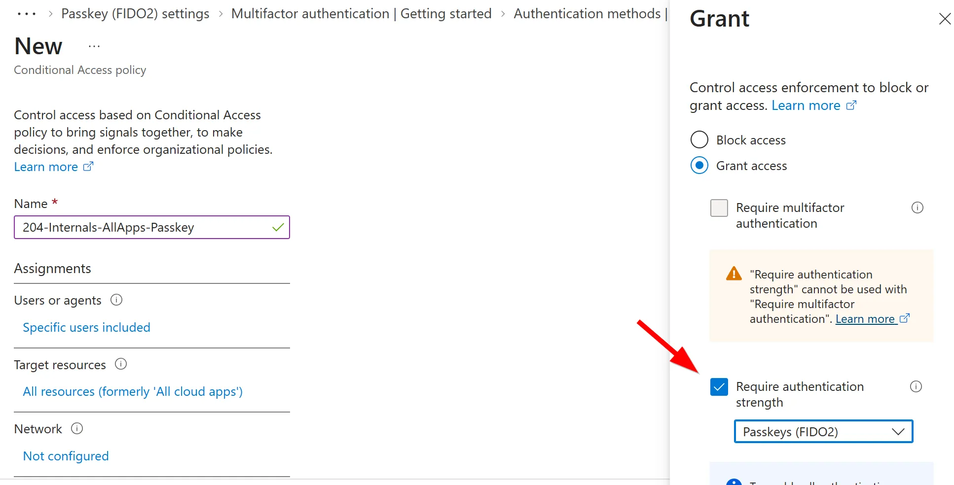 An image showing Authentication Strengths being used in a Conditional Access policy to enforce Passkeys.
