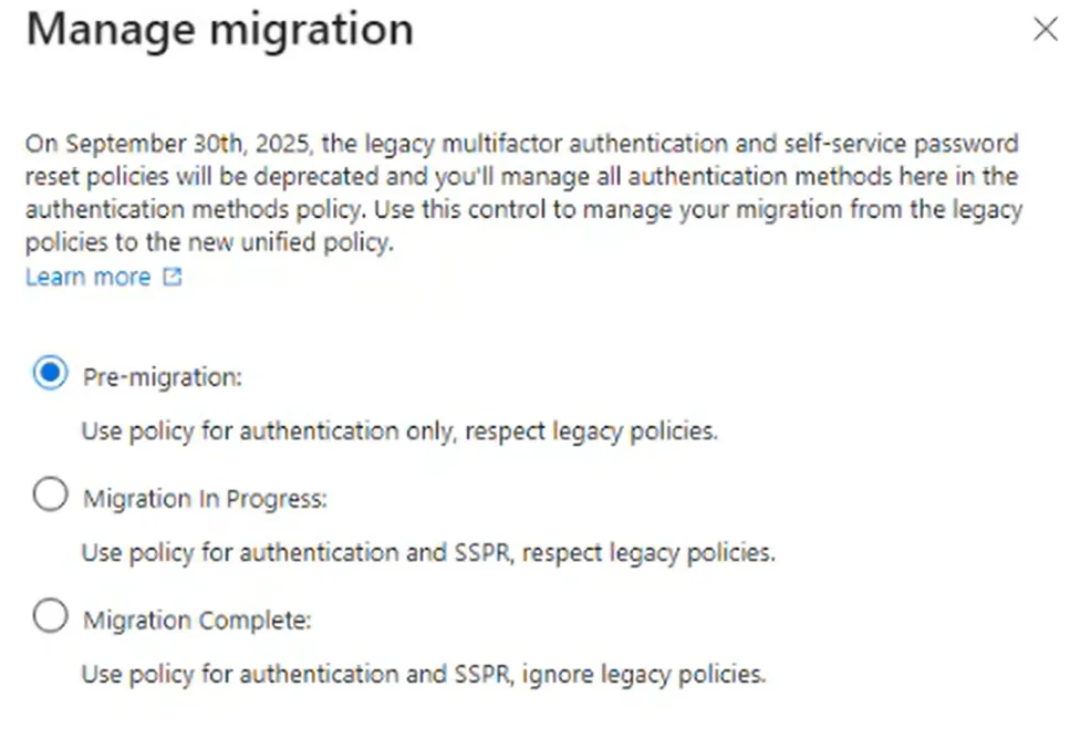 Authentication methods migration stage