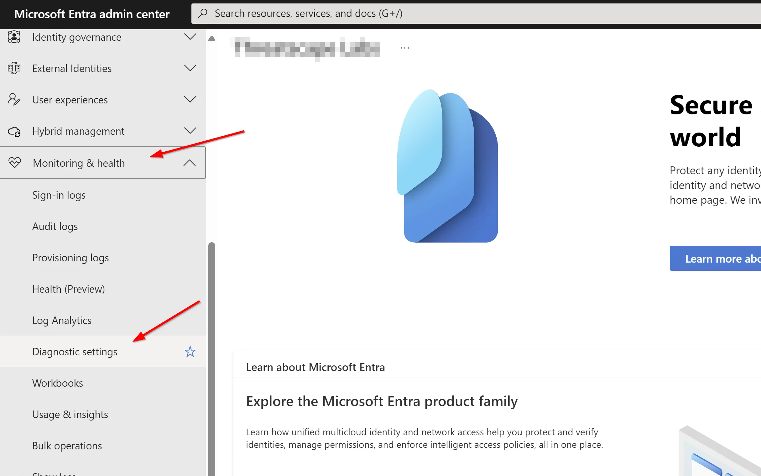 Accessing the diagnostics settings in Entra