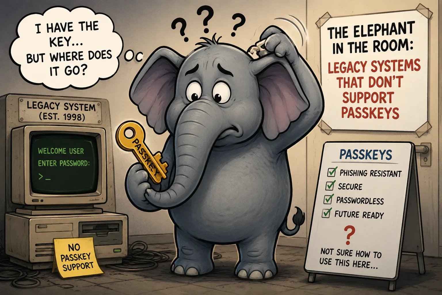 An image of a cartoon elephant looking confused holding a passkey.