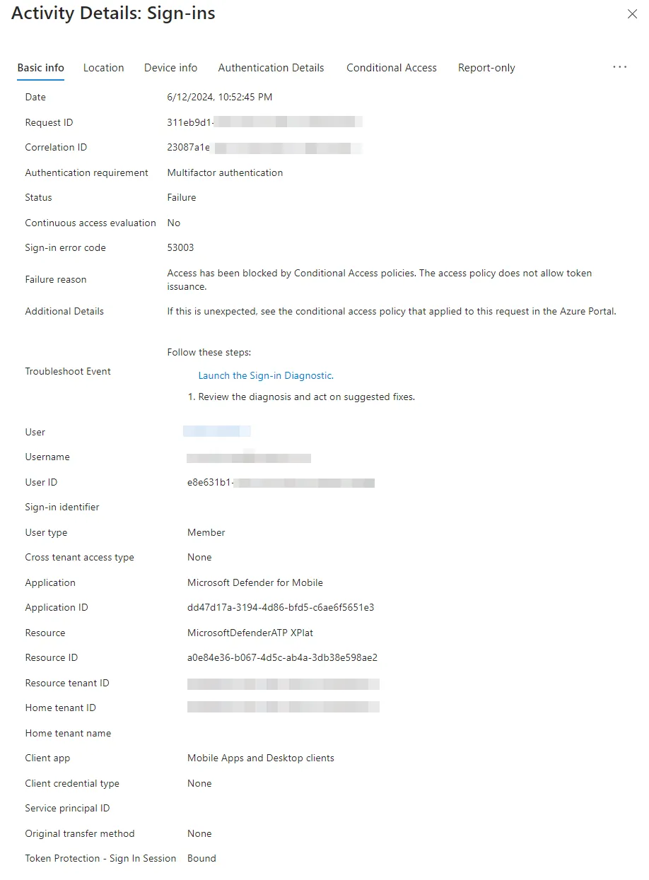Activity details for Entra sign-in logs