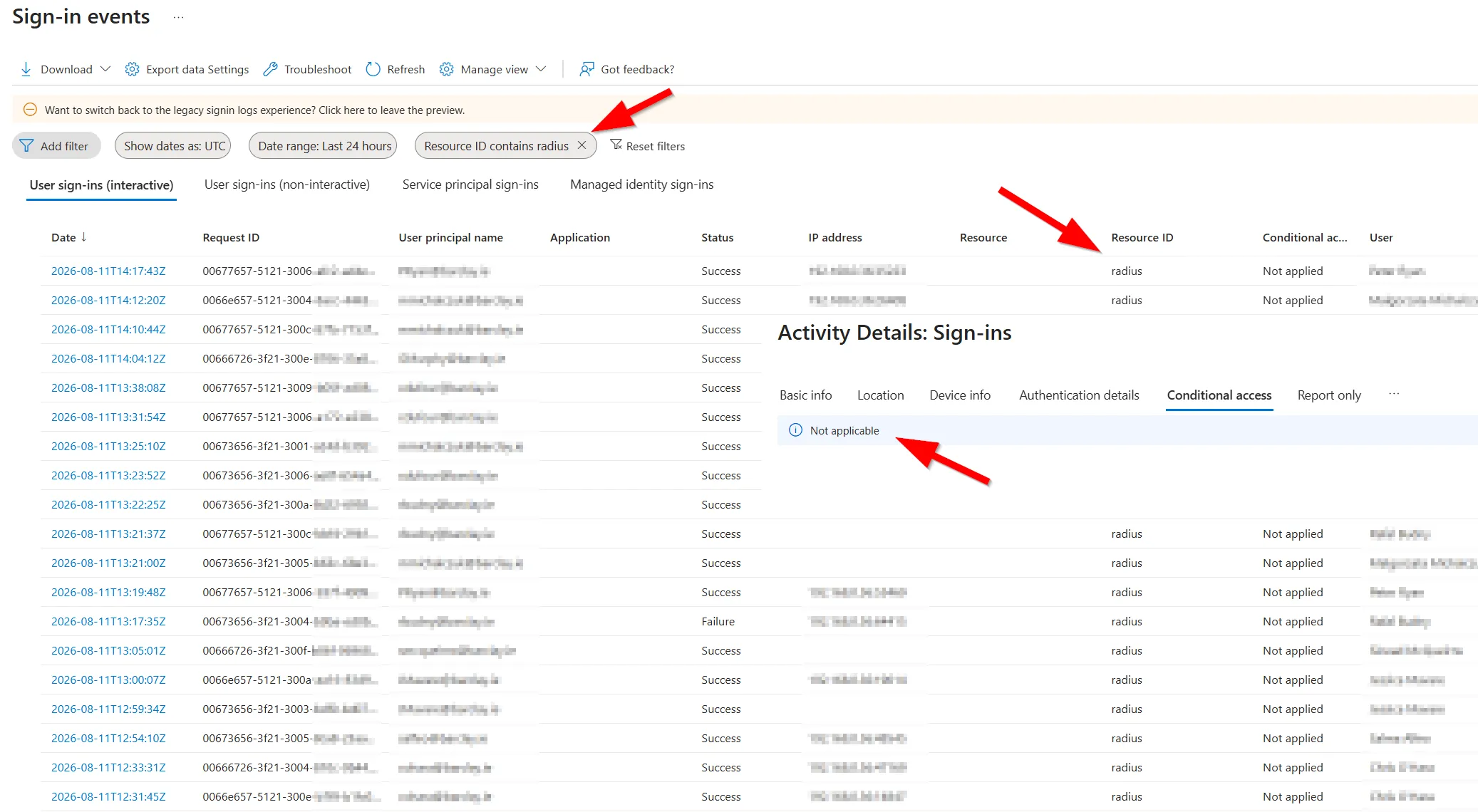 Entra ID sign-in logs showing radius events.