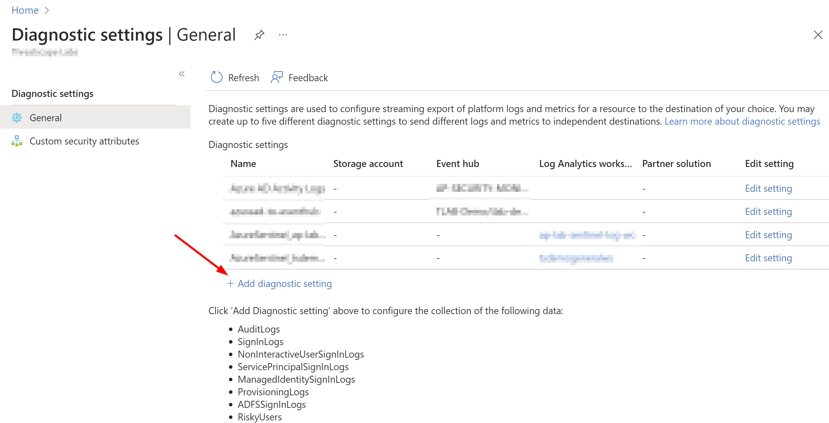 Adding diagnostic setting in Entra