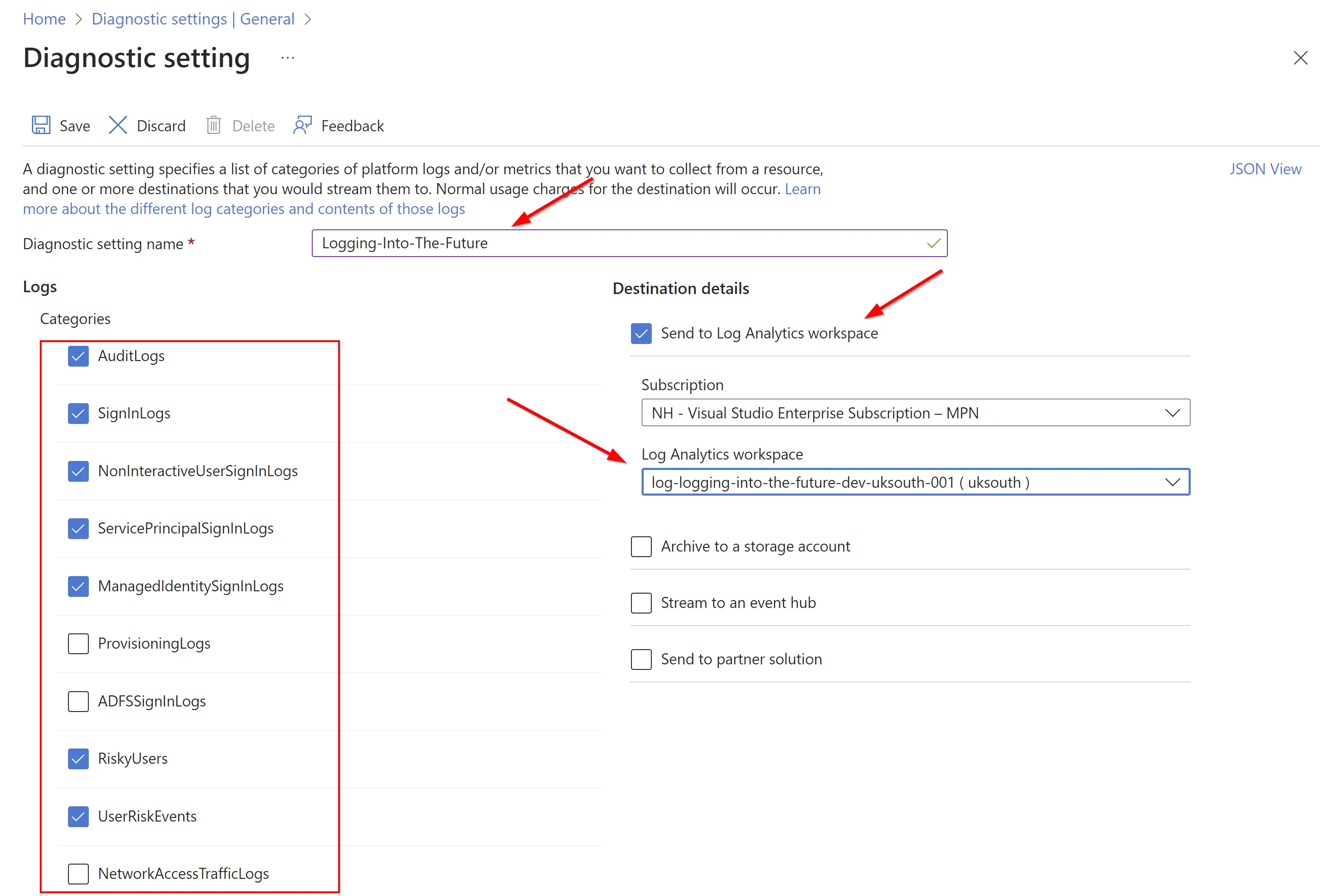 Creating a diagnostic setting and sending logs to a log analytics workspace in Entra