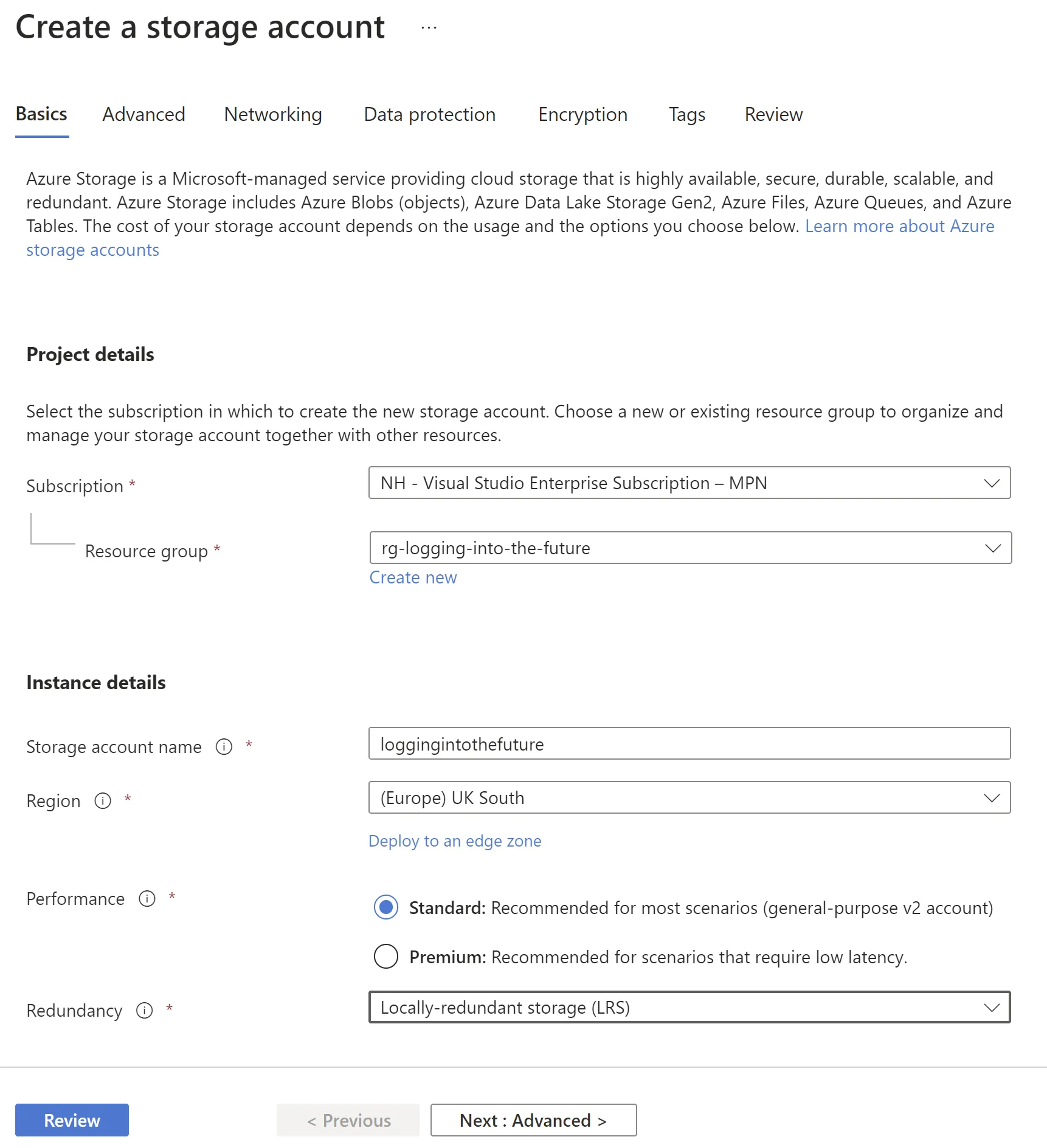 Creating an Azure storage account