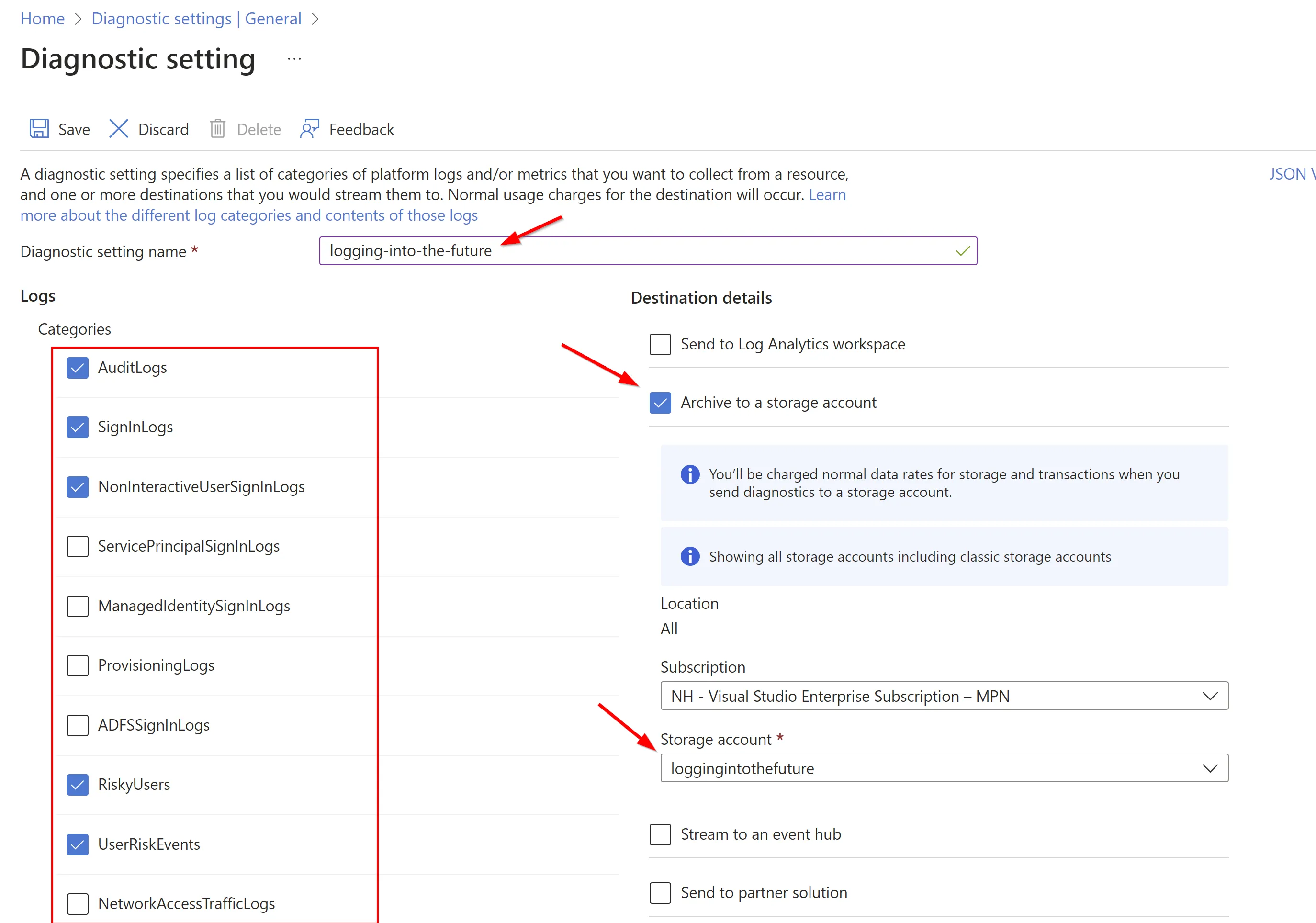 Creating an entra diagnostic setting and sending to Azure storage account