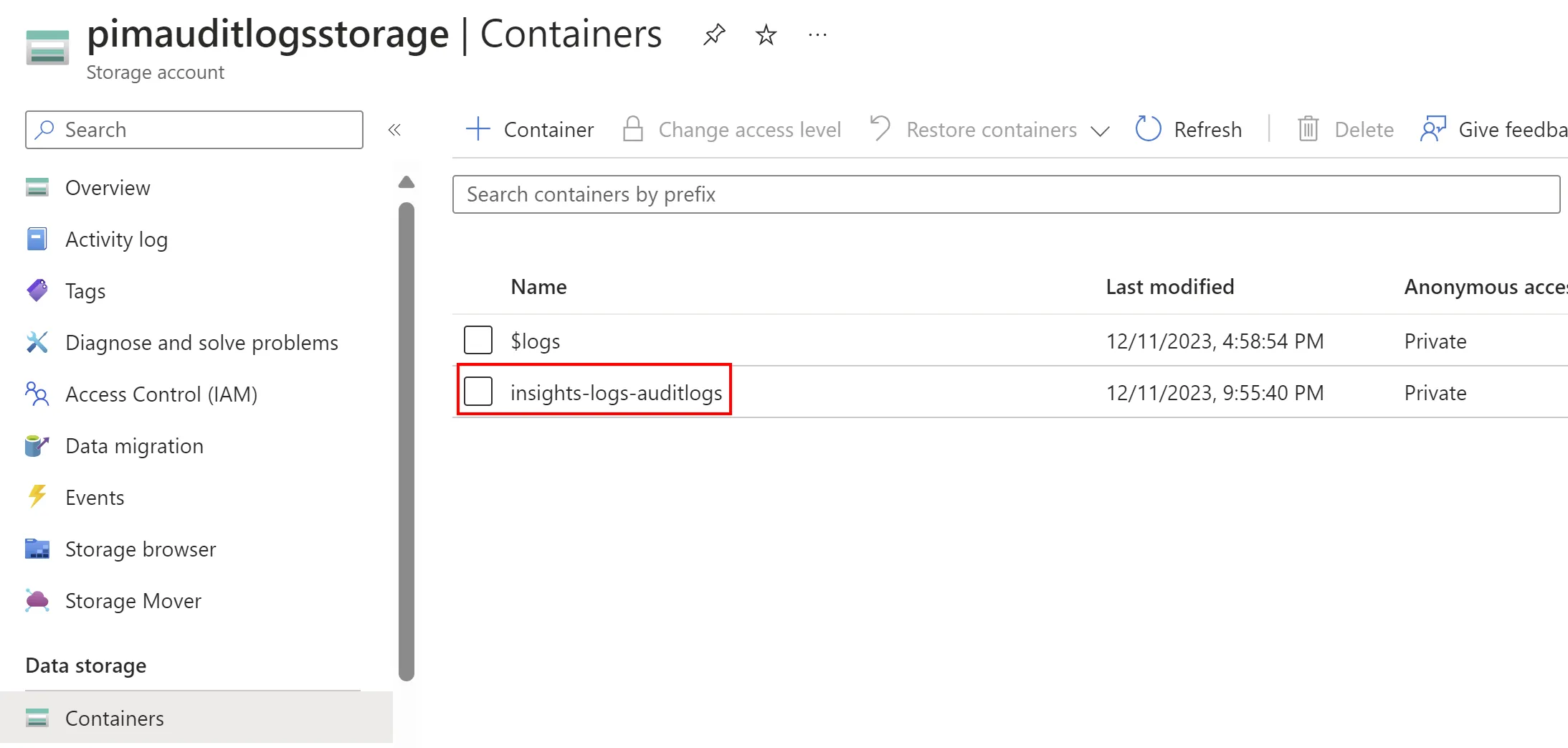 Entra logs shown in the storage account