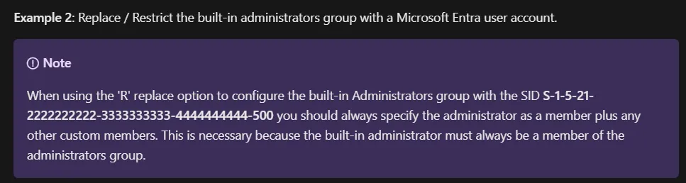 Microsoft advising the inclusion of the built-in Administrator account in the policy