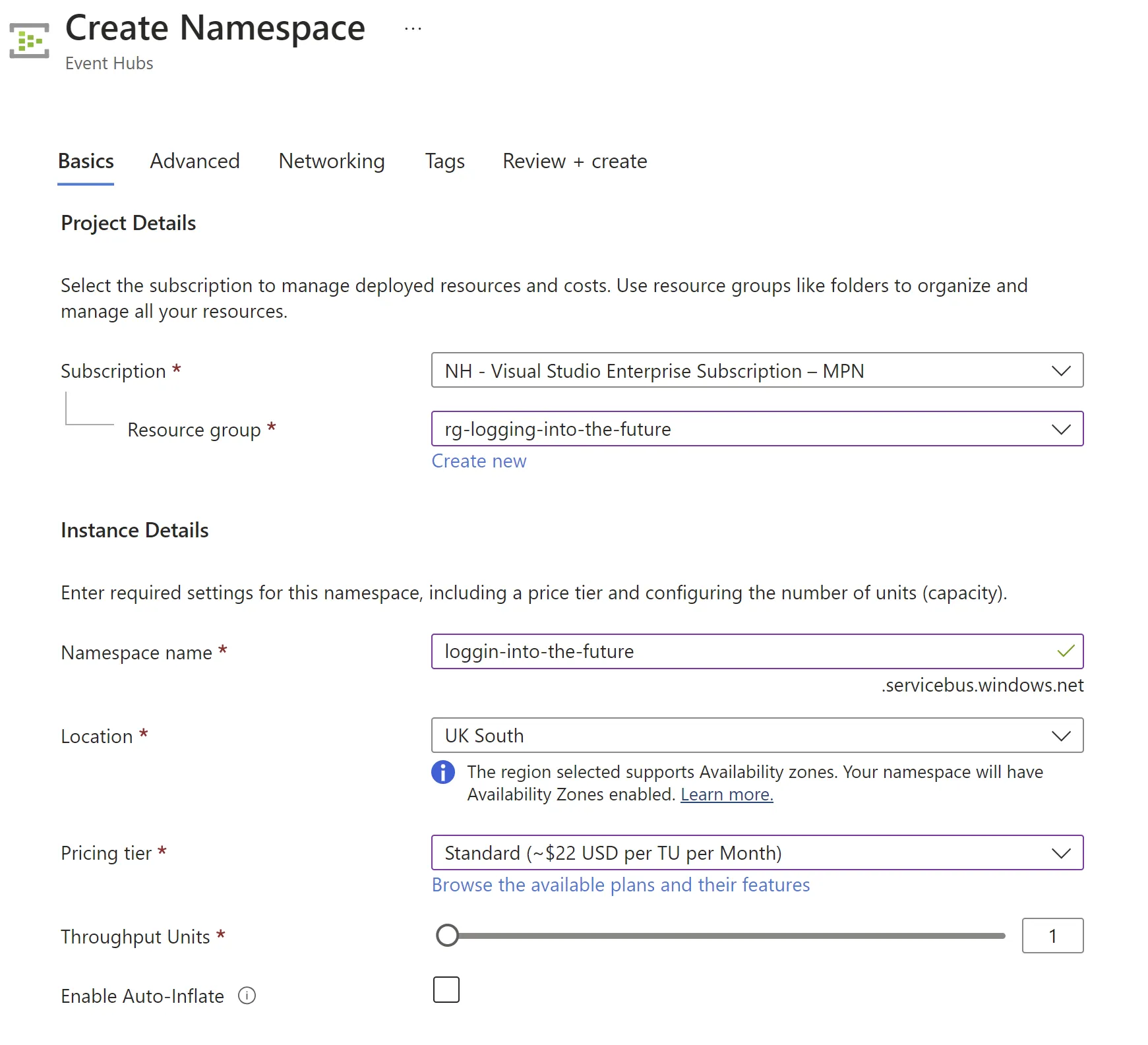 Creating an Event Hub namespace