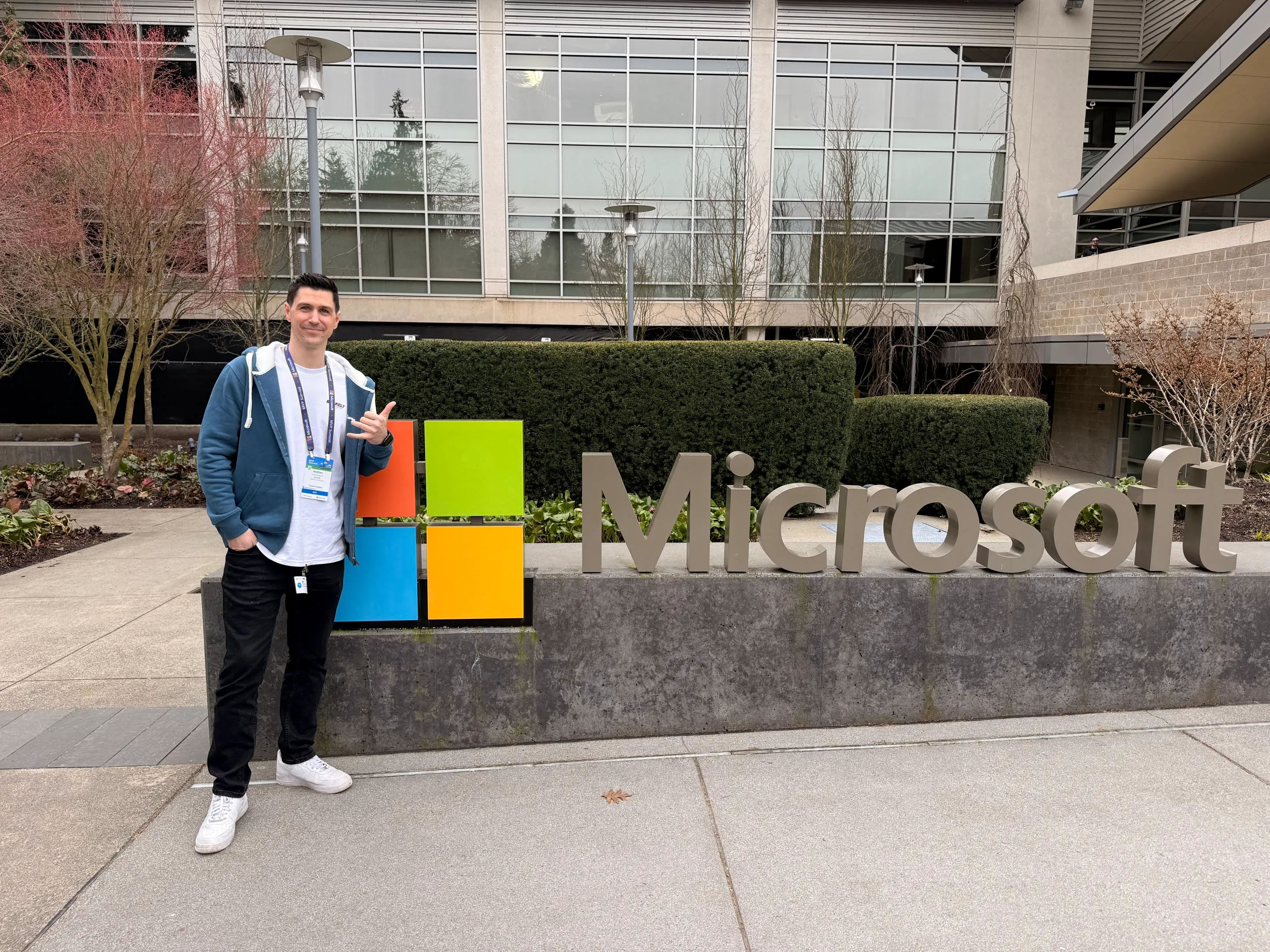 Nate Hutchinson standing outside a Microsoft campus building